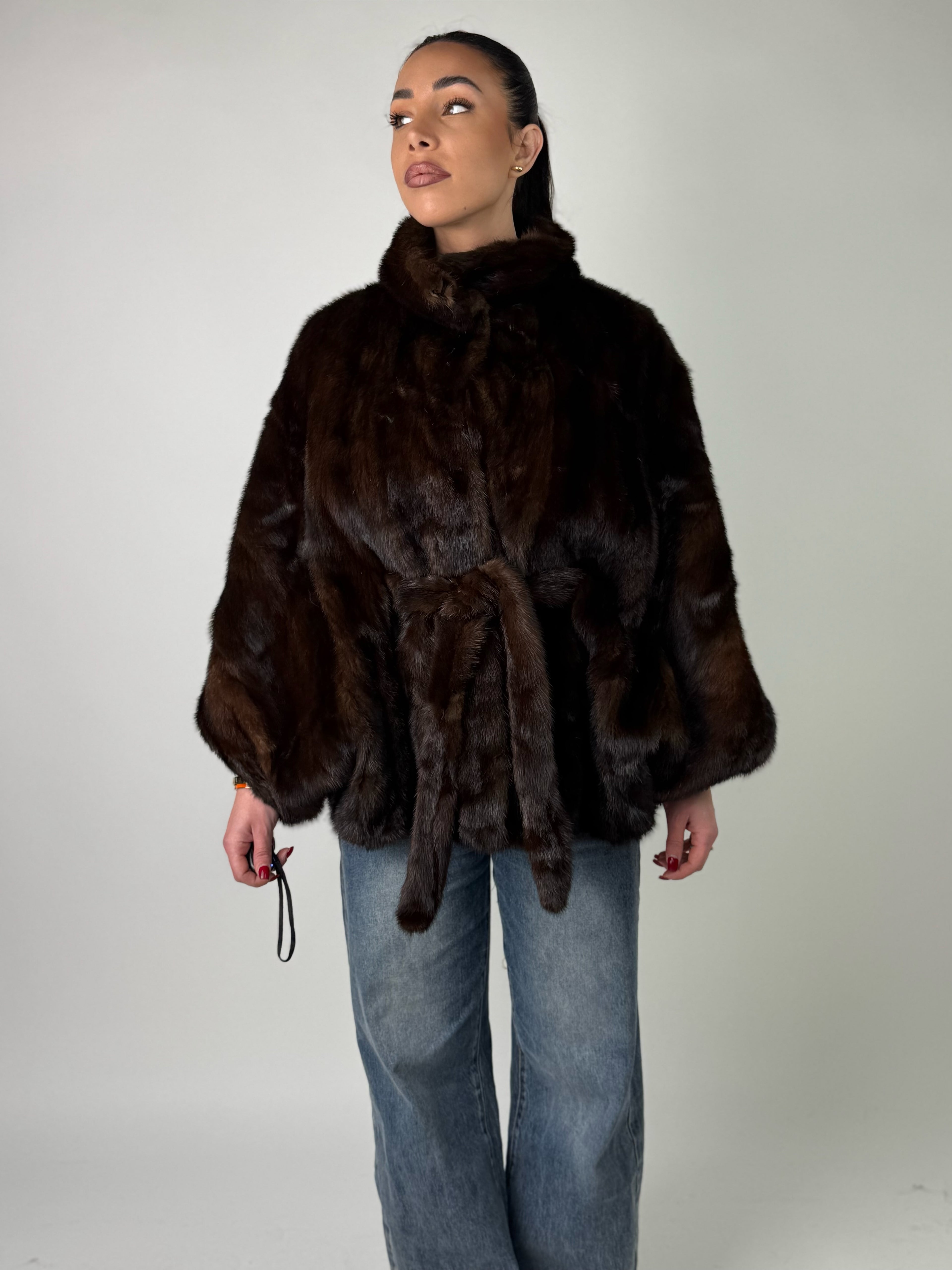 Mink jacket with belt and hood
