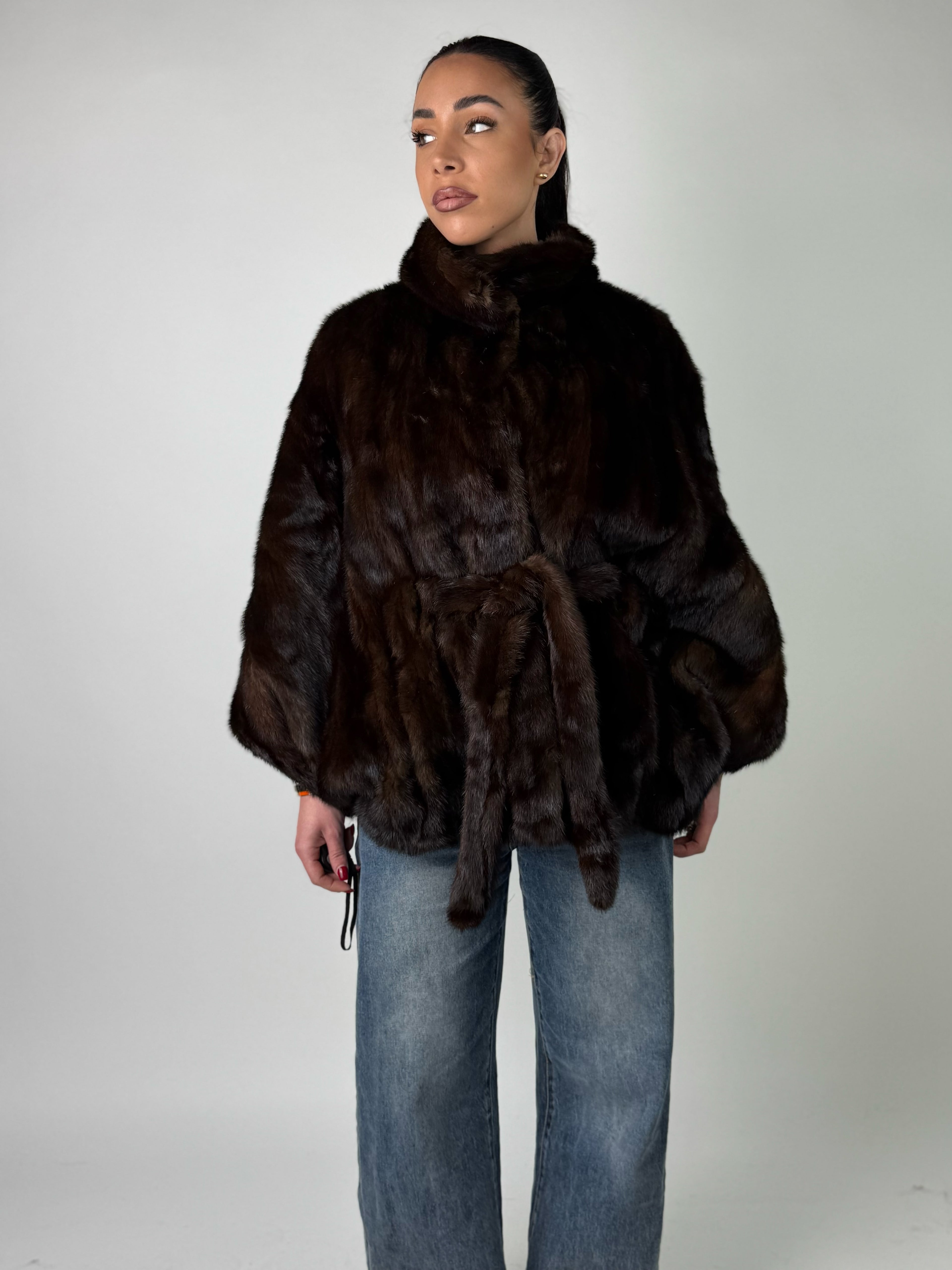 Mink jacket with belt and hood
