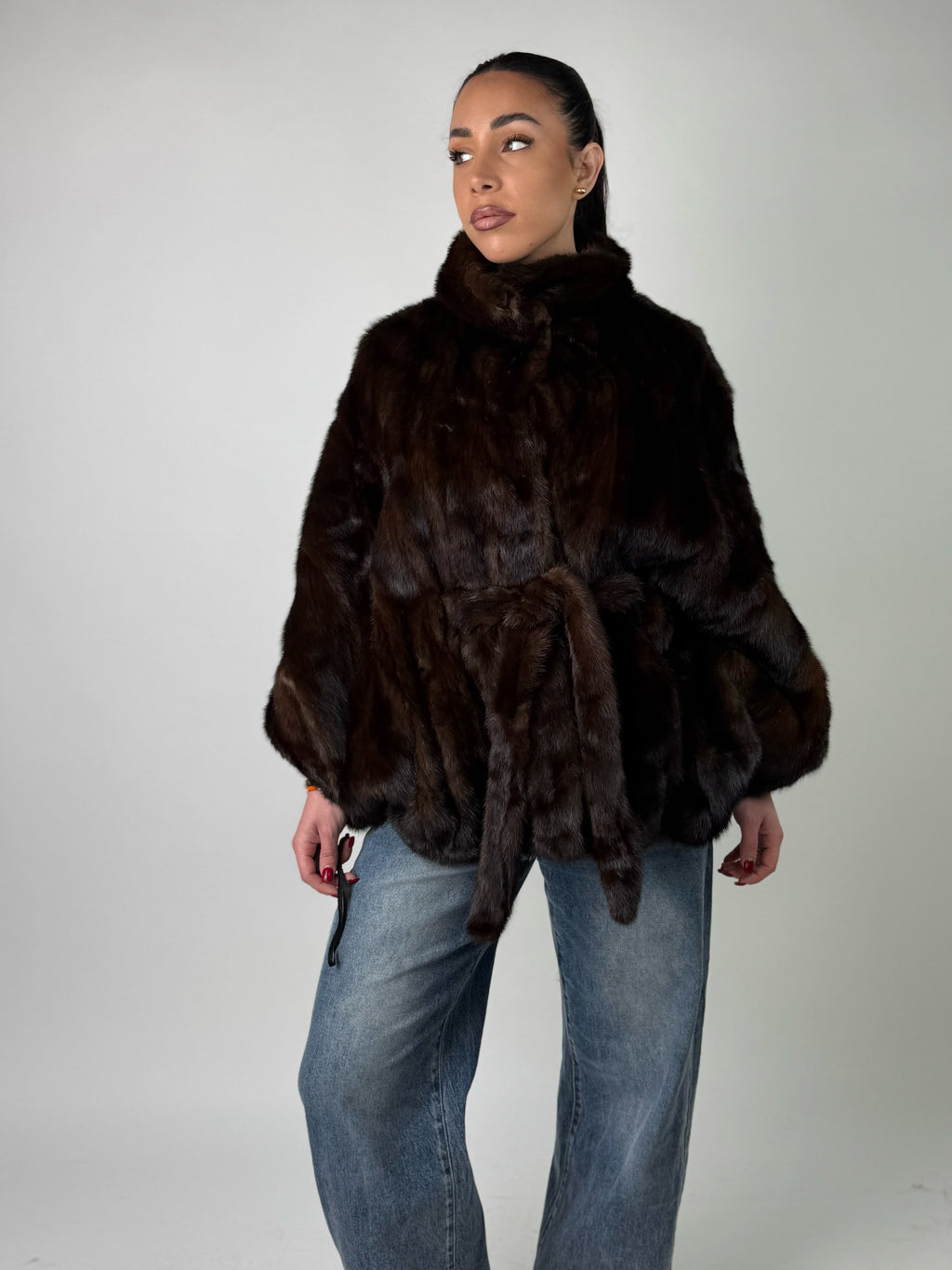 Mink jacket with belt and hood