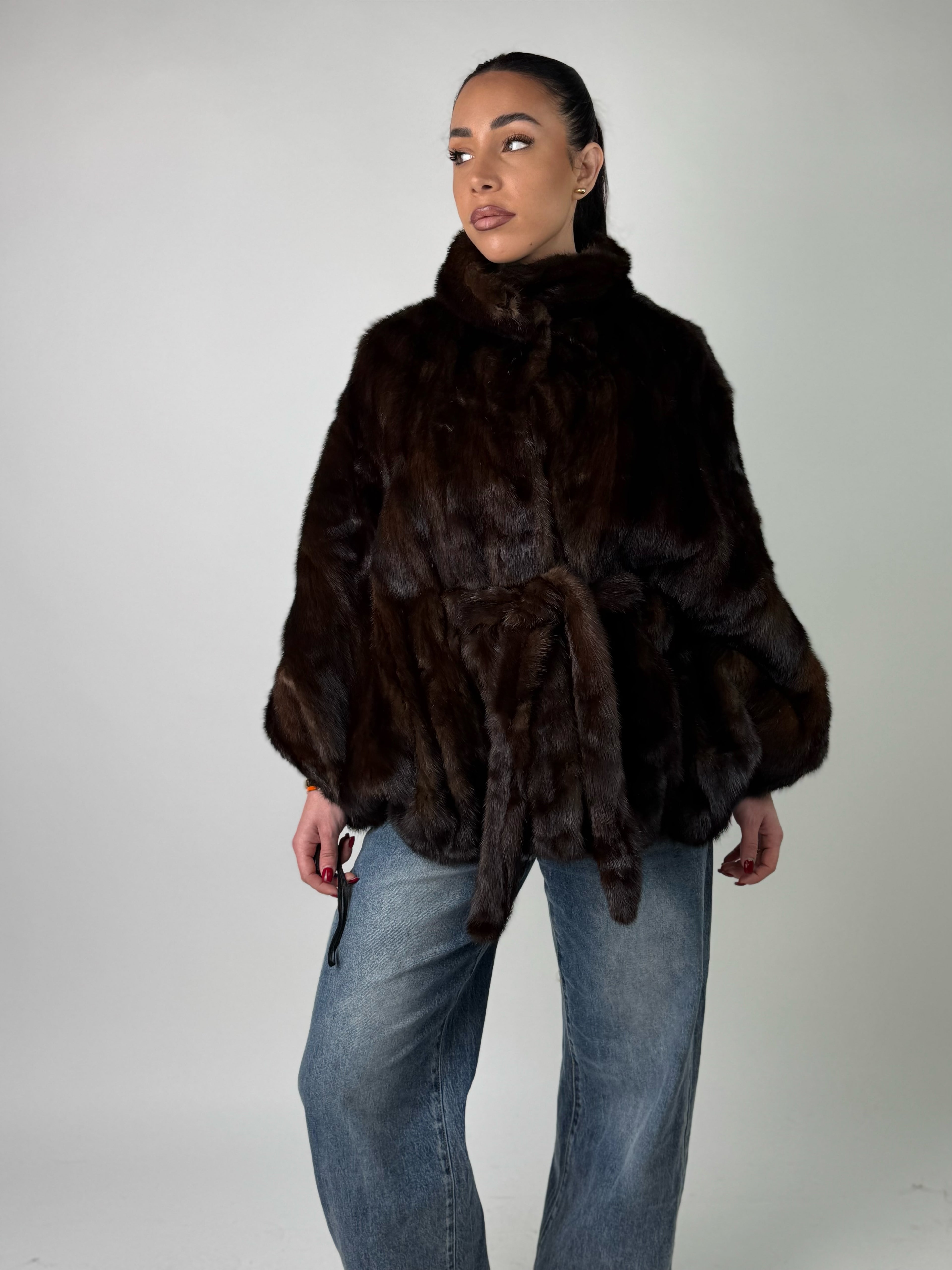 Mink jacket with belt and hood