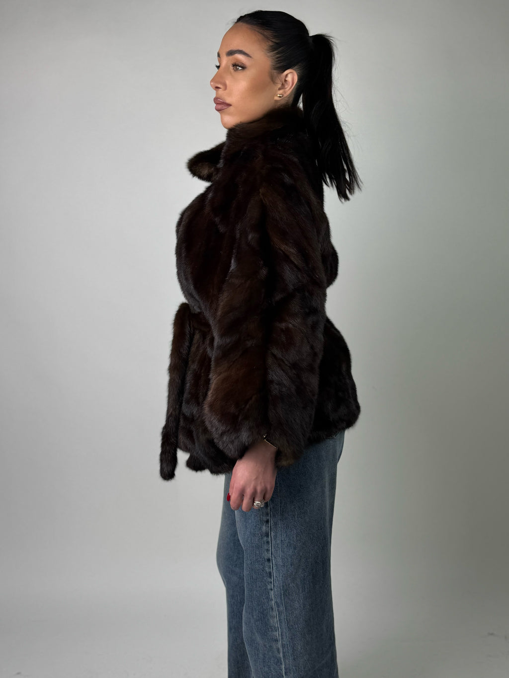 Mink jacket with belt and hood