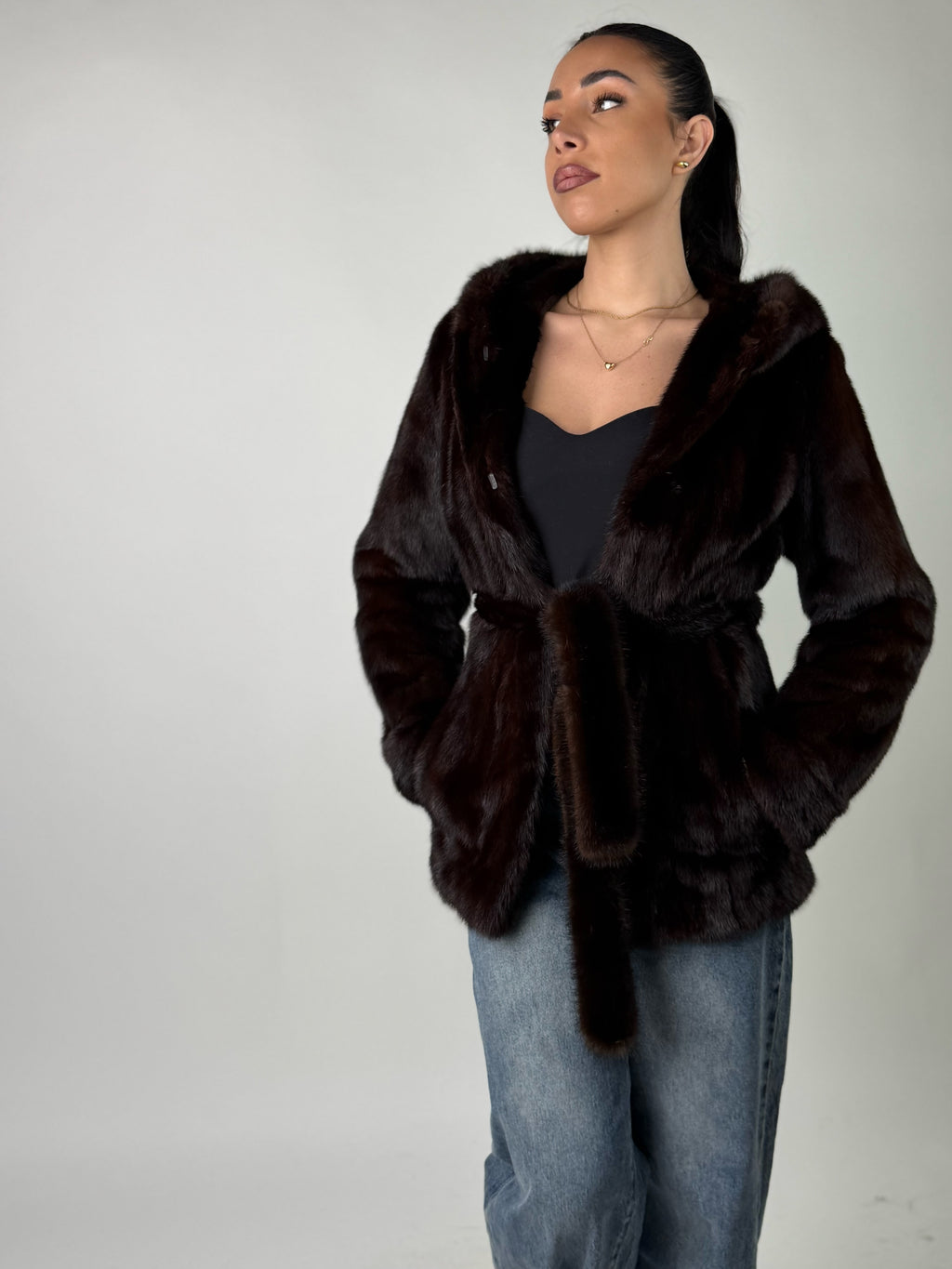 Mink jacket with belt and hood