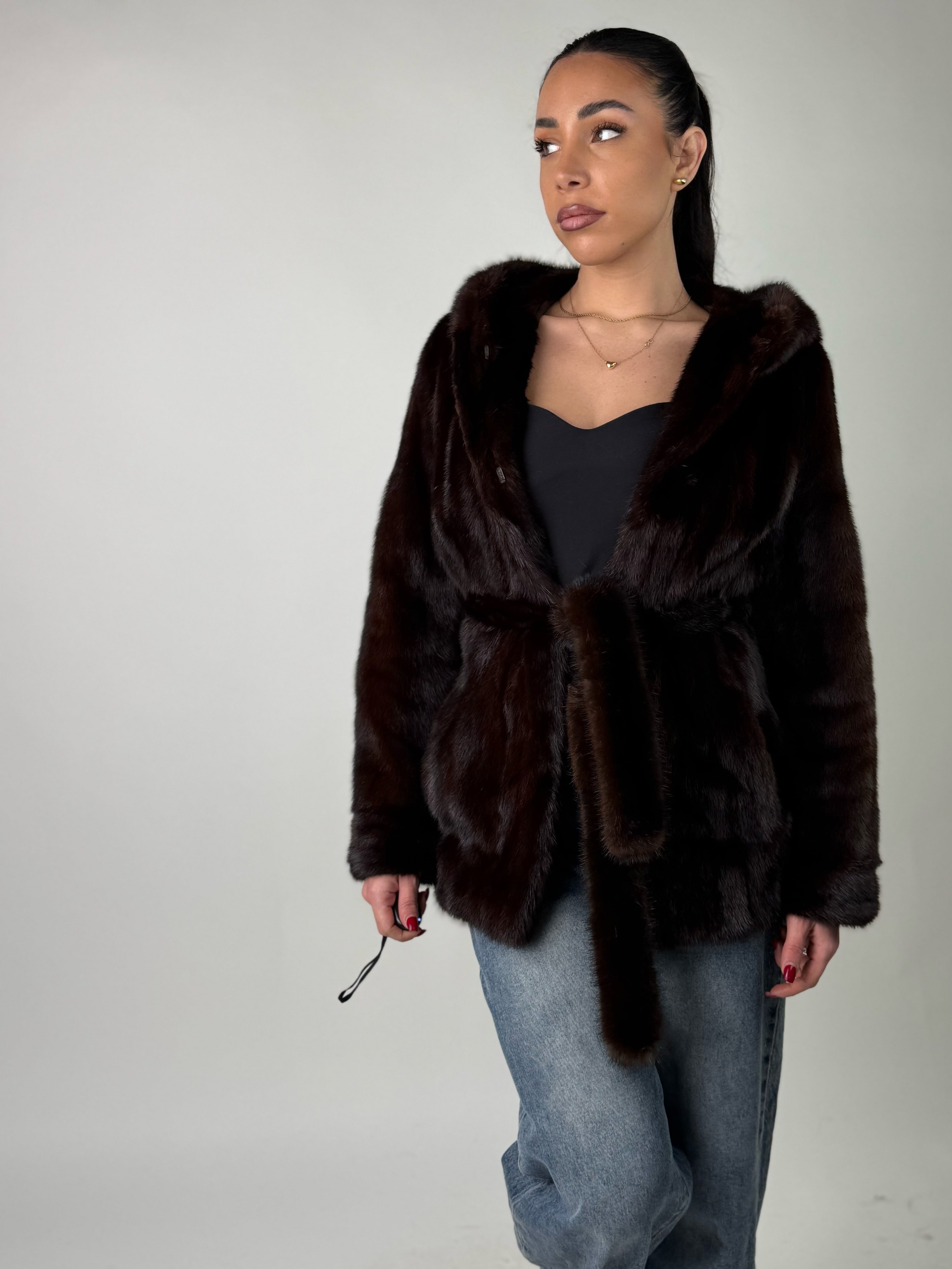 Mink jacket with belt and hood