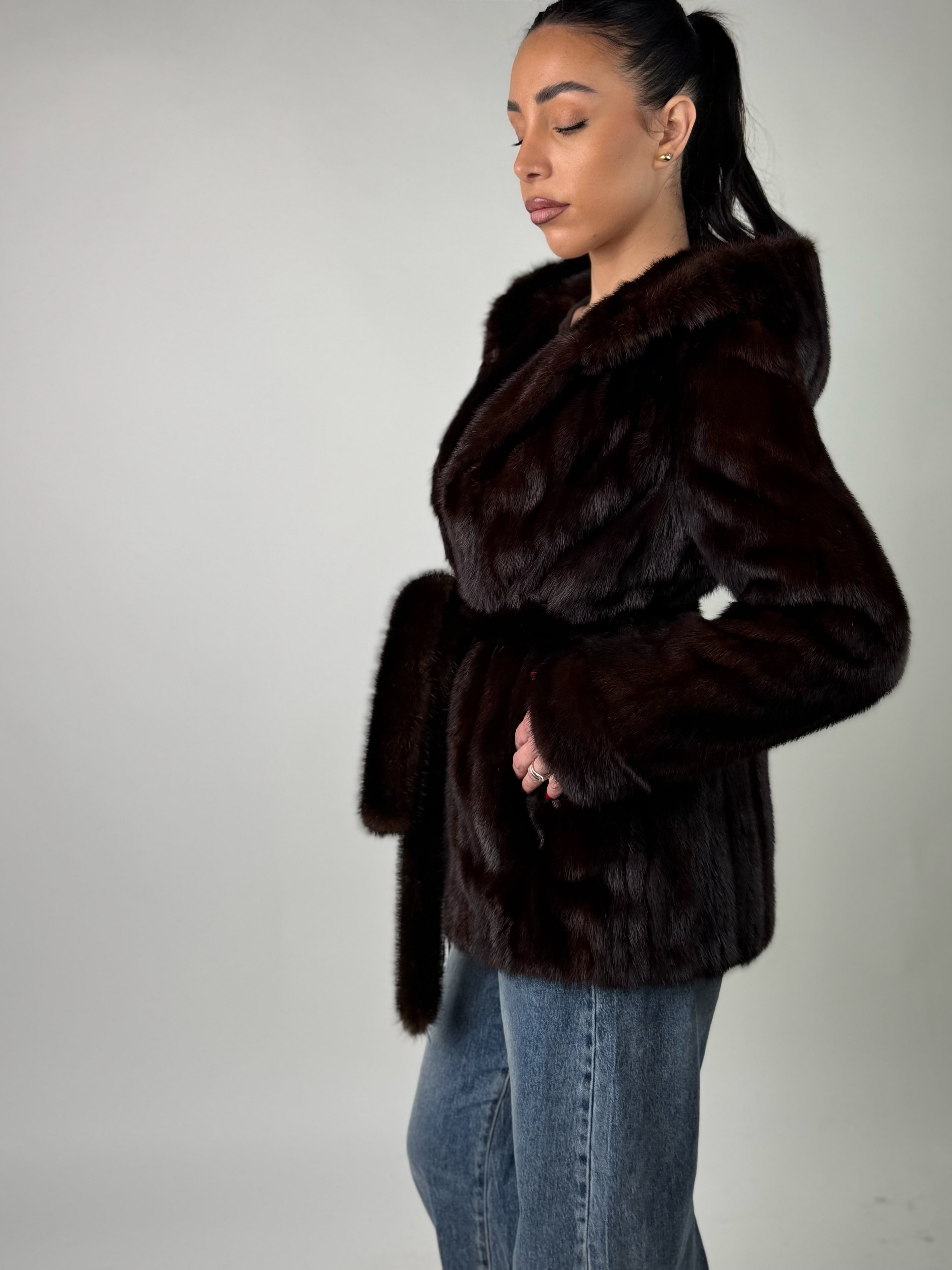 Mink jacket with belt and hood
