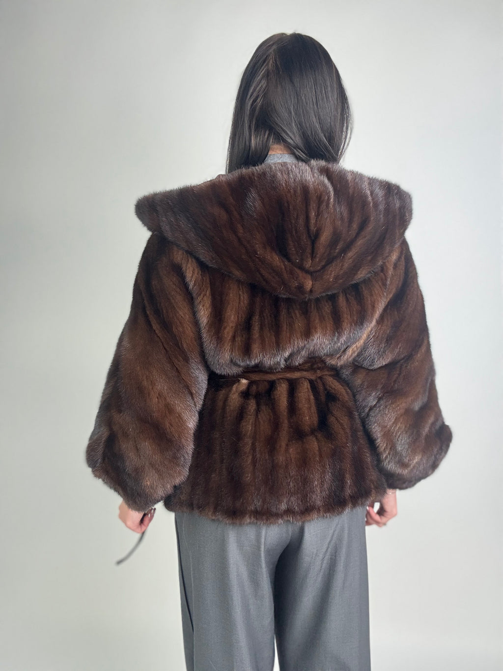 Mink jacket with belt and hood