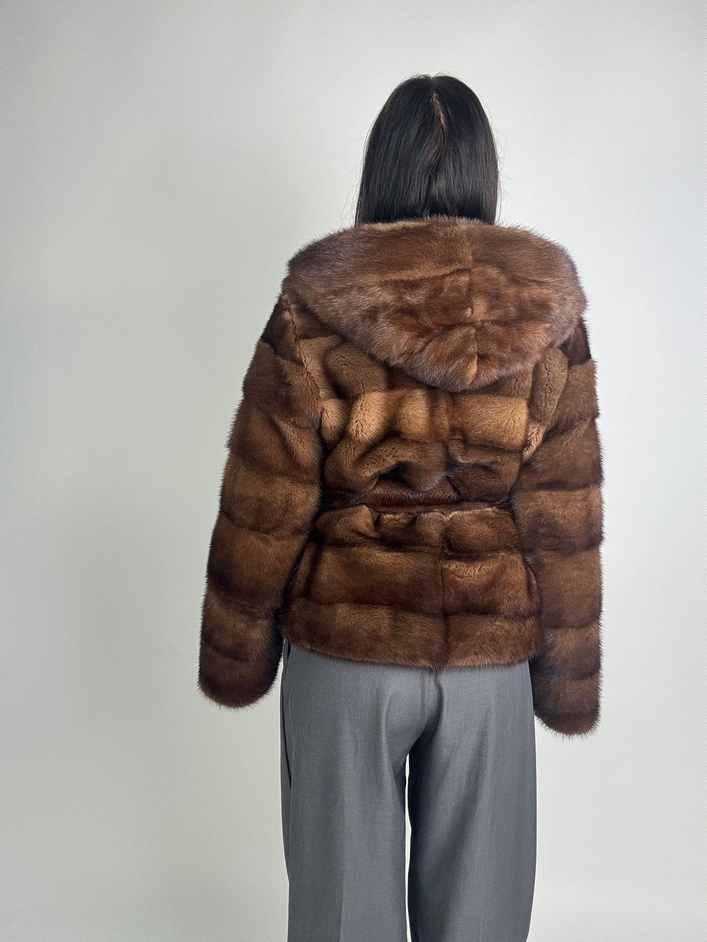 Mink jacket with belt and hood