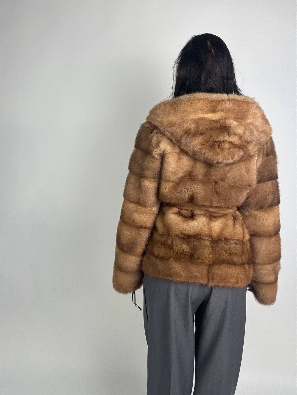 Mink jacket with belt and hood