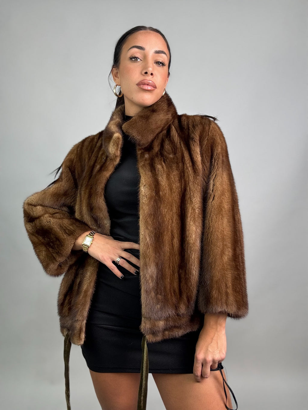 Mink vest with belt and hood