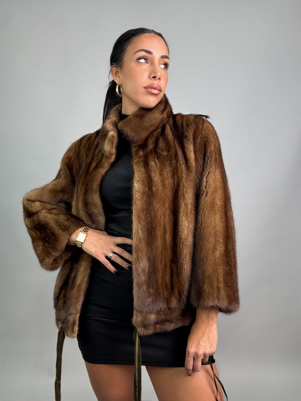 Mink vest with belt and hood
