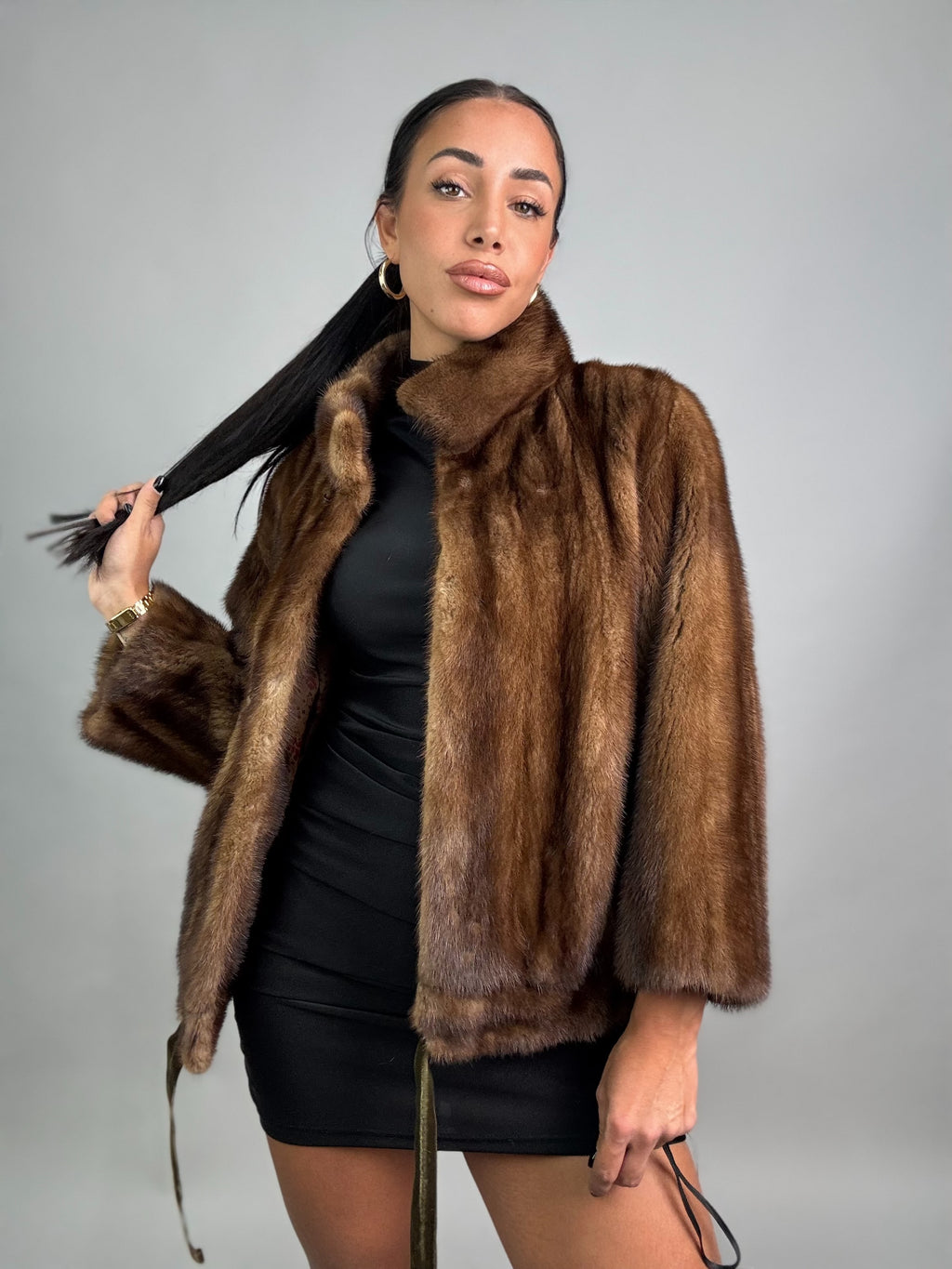 Mink vest with belt and hood