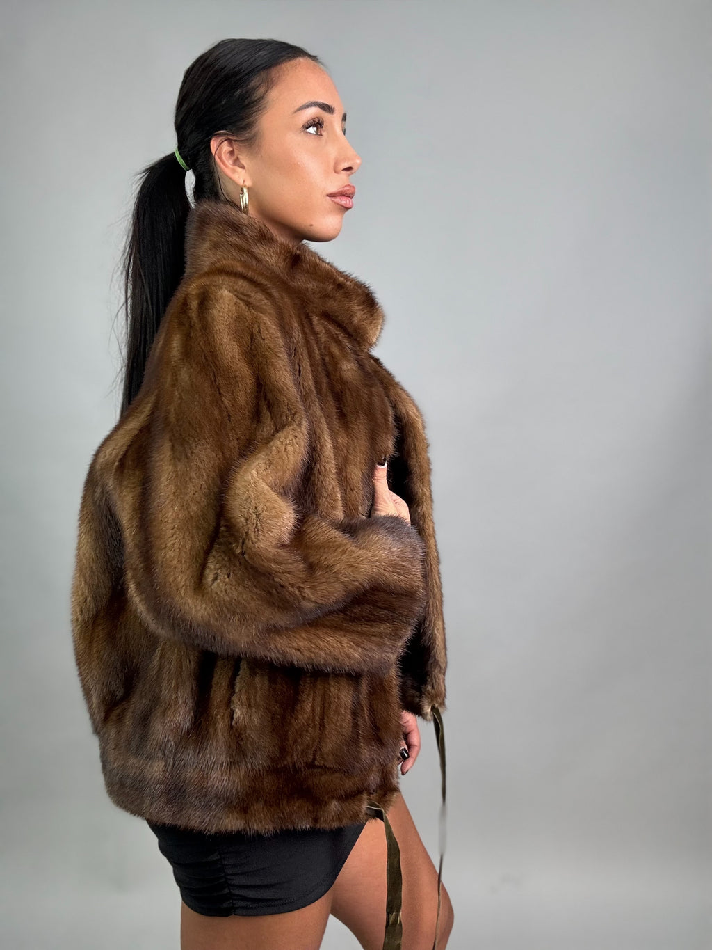 Mink vest with belt and hood