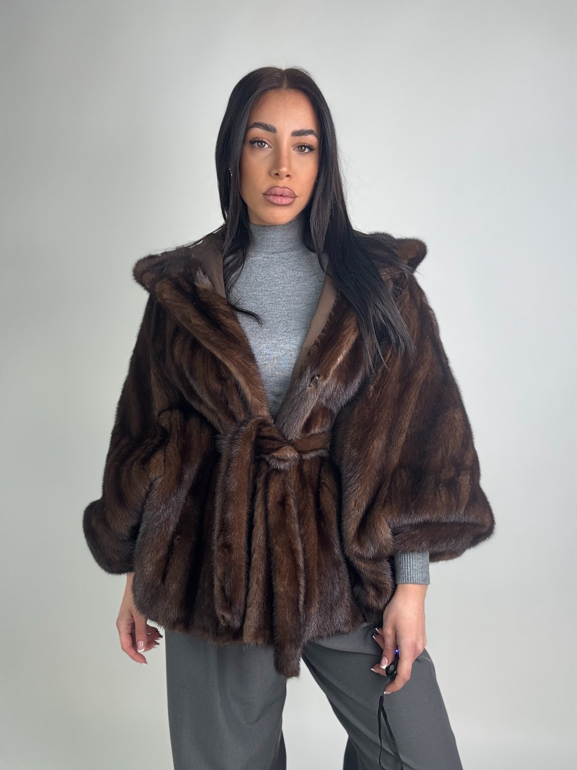 Mink jacket with belt and hood