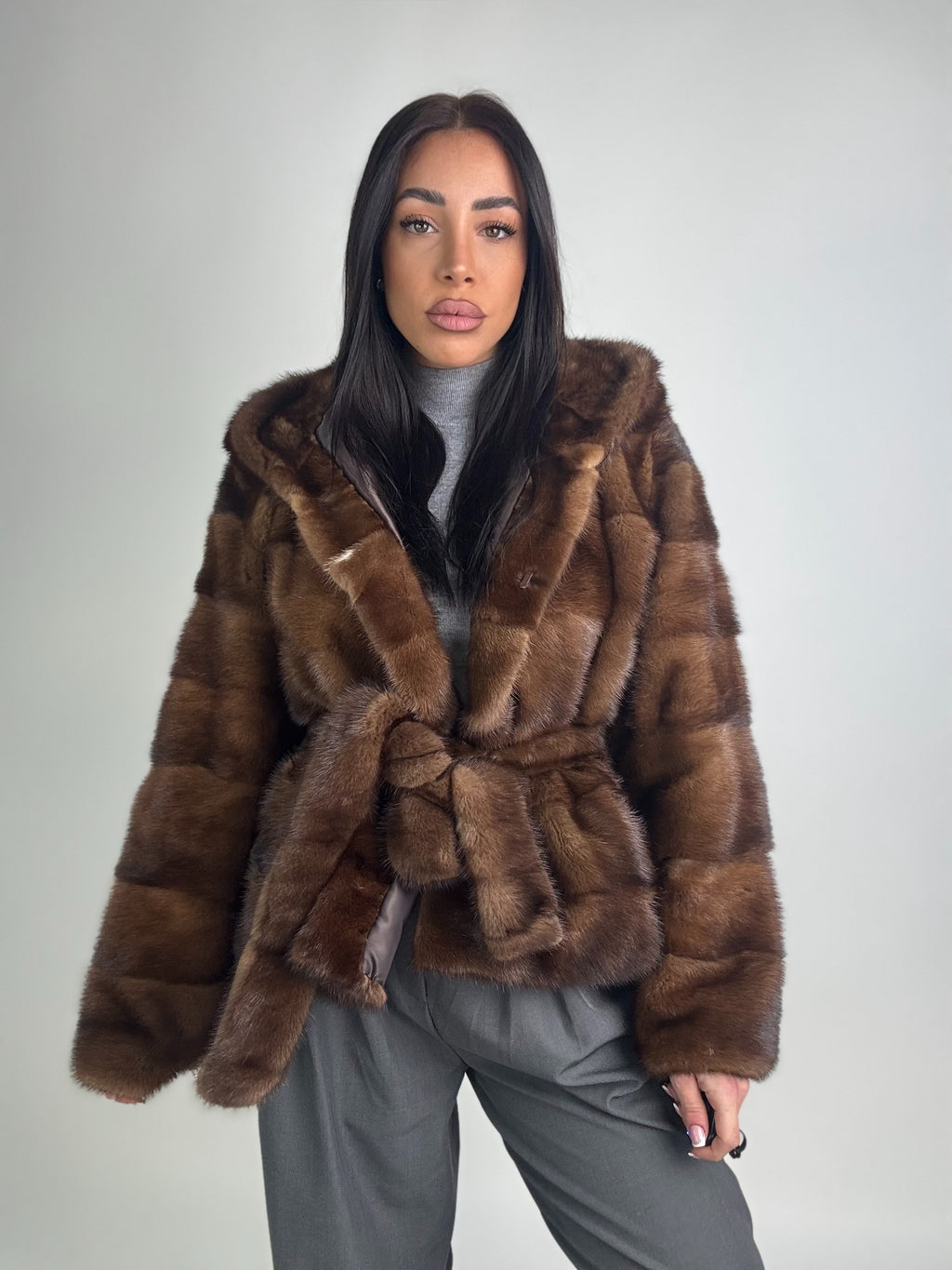 Mink jacket with belt and hood
