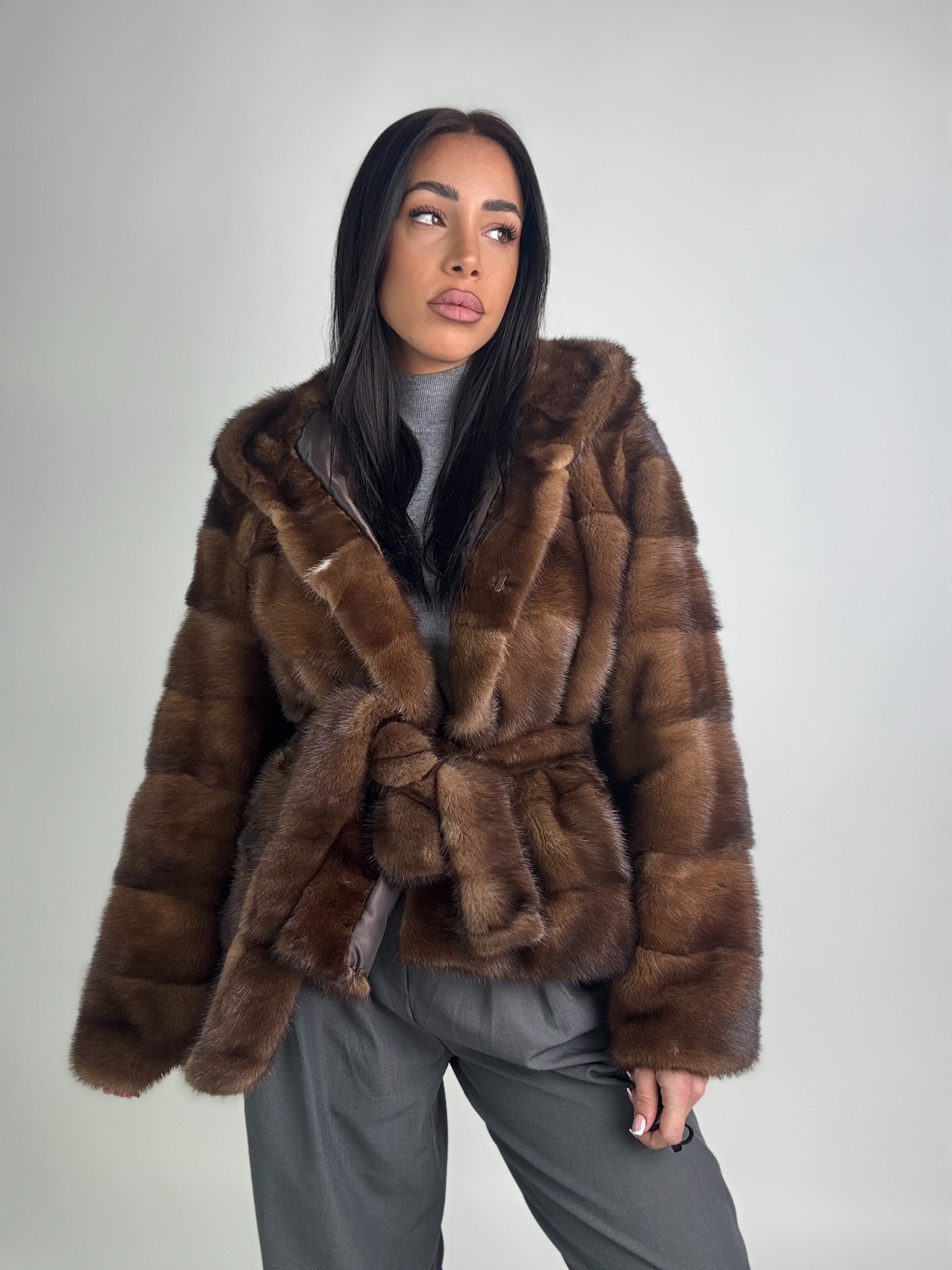 Mink jacket with belt and hood