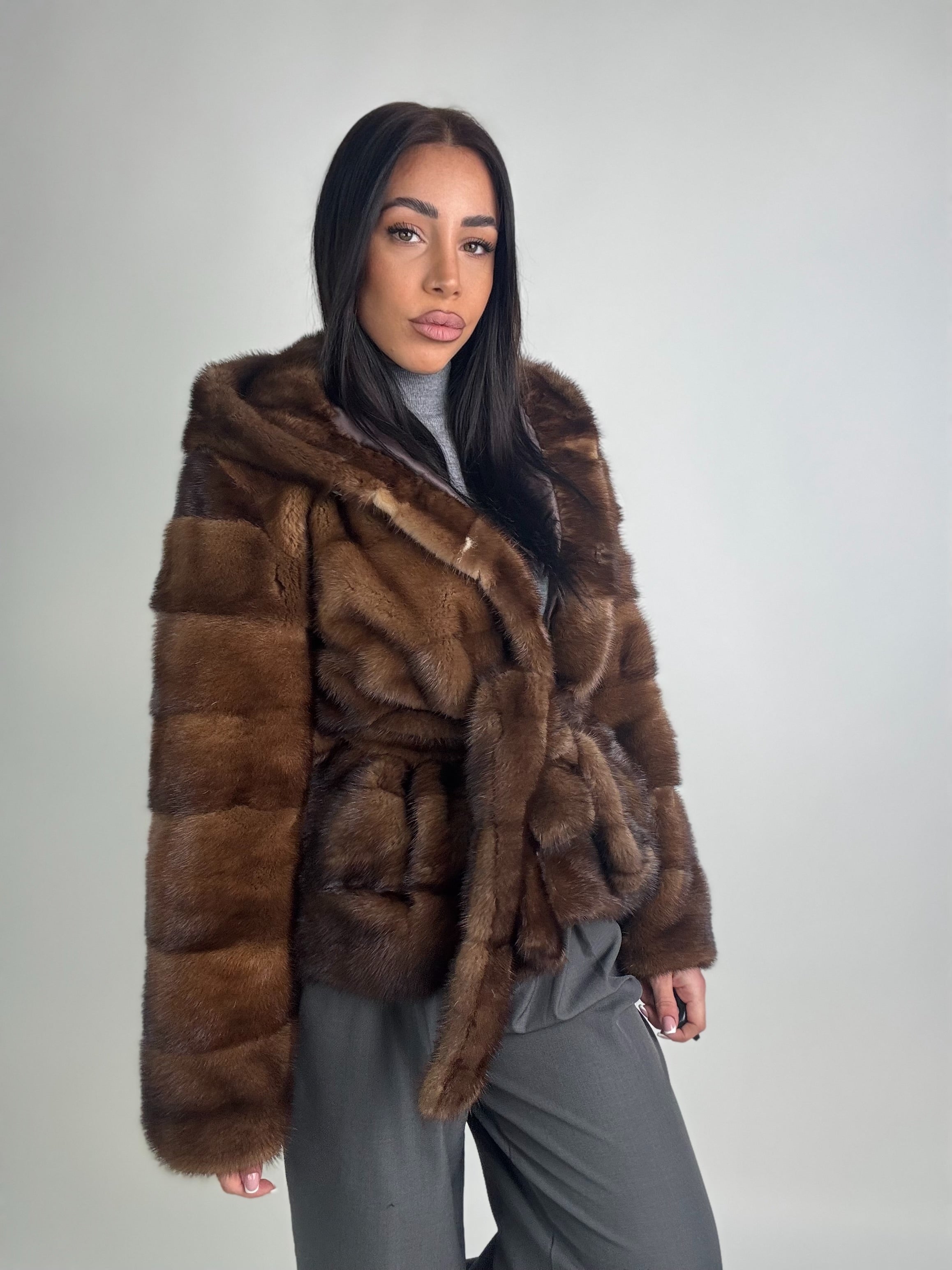 Mink jacket with belt and hood