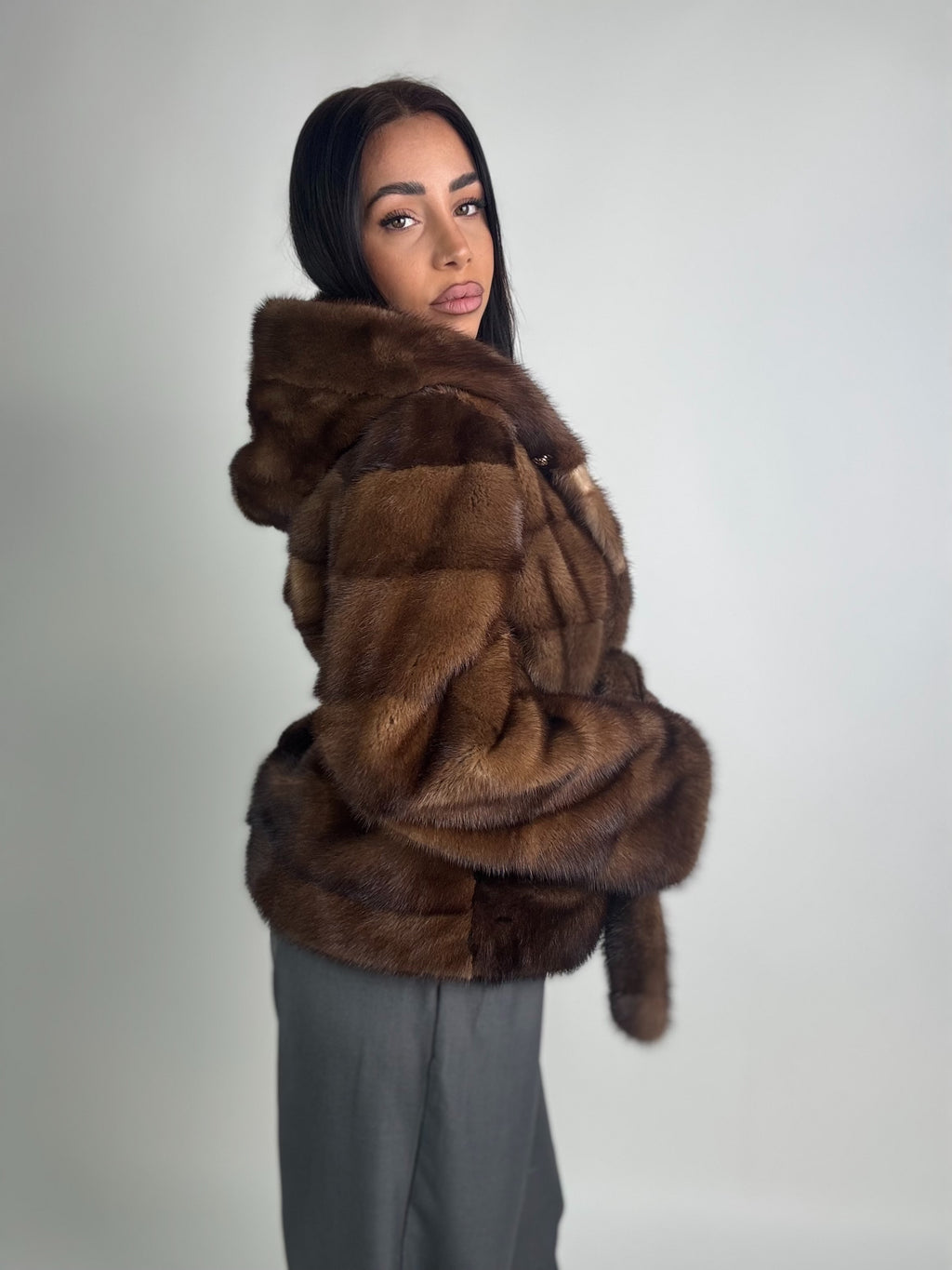 Mink jacket with belt and hood