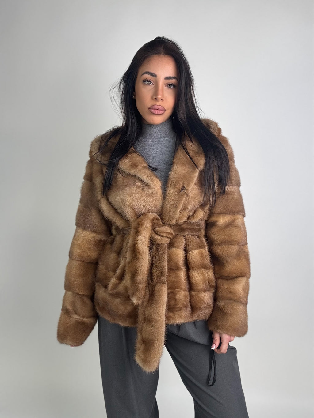 Mink jacket with belt and hood