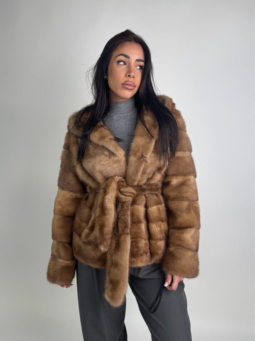 Mink jacket with belt and hood