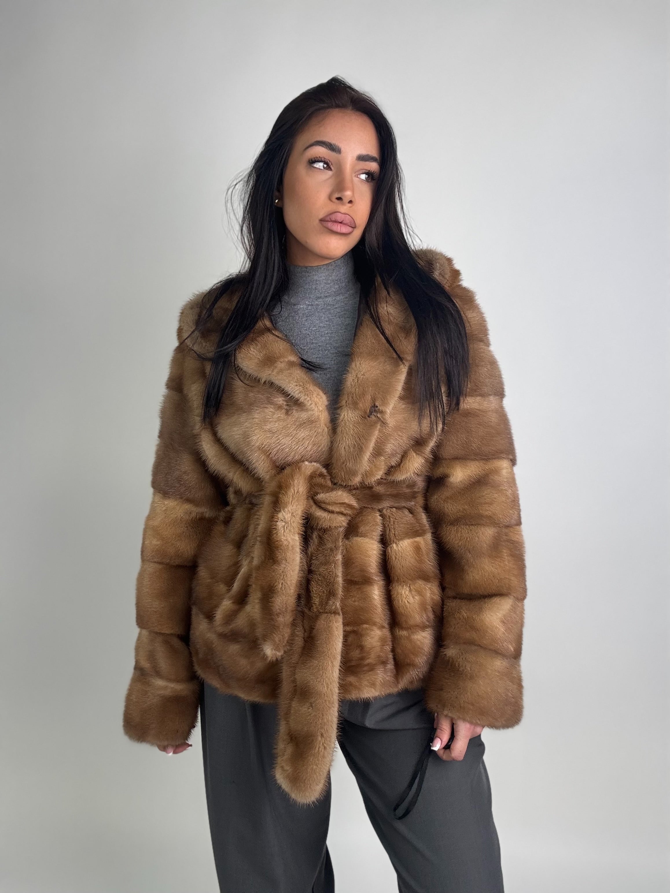 Mink jacket with belt and hood