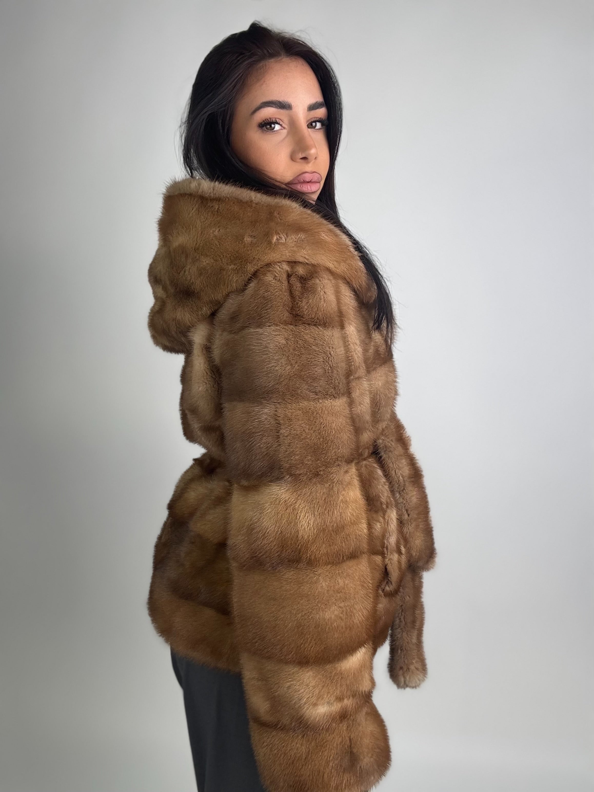 Mink jacket with belt and hood