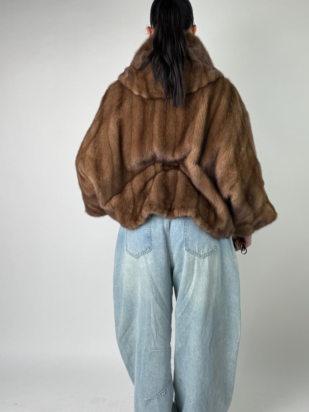 Mink jacket with belt and hood