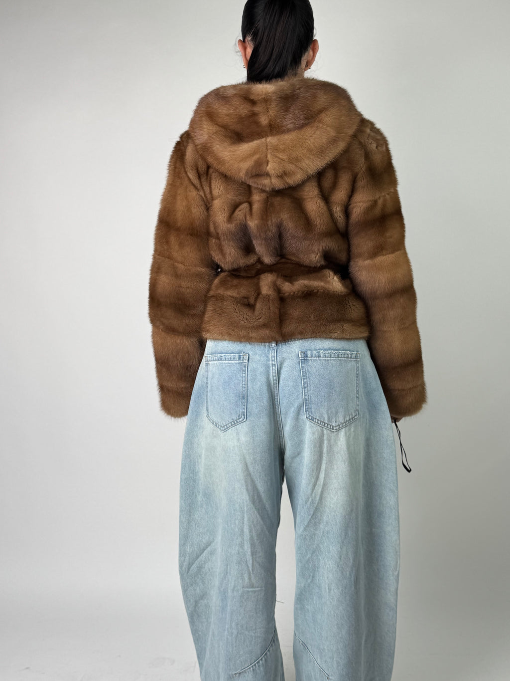 Mink jacket with belt and hood