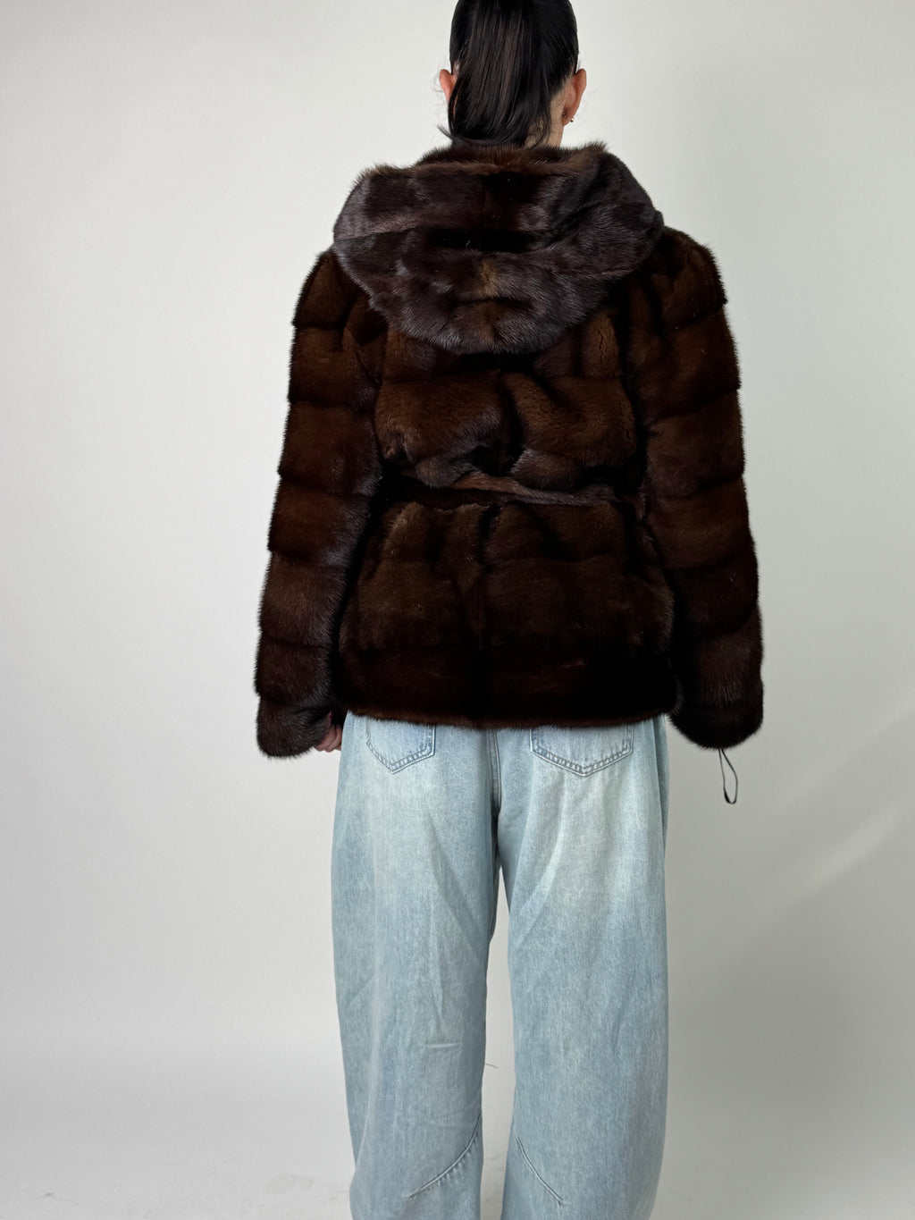Mink jacket with belt and hood