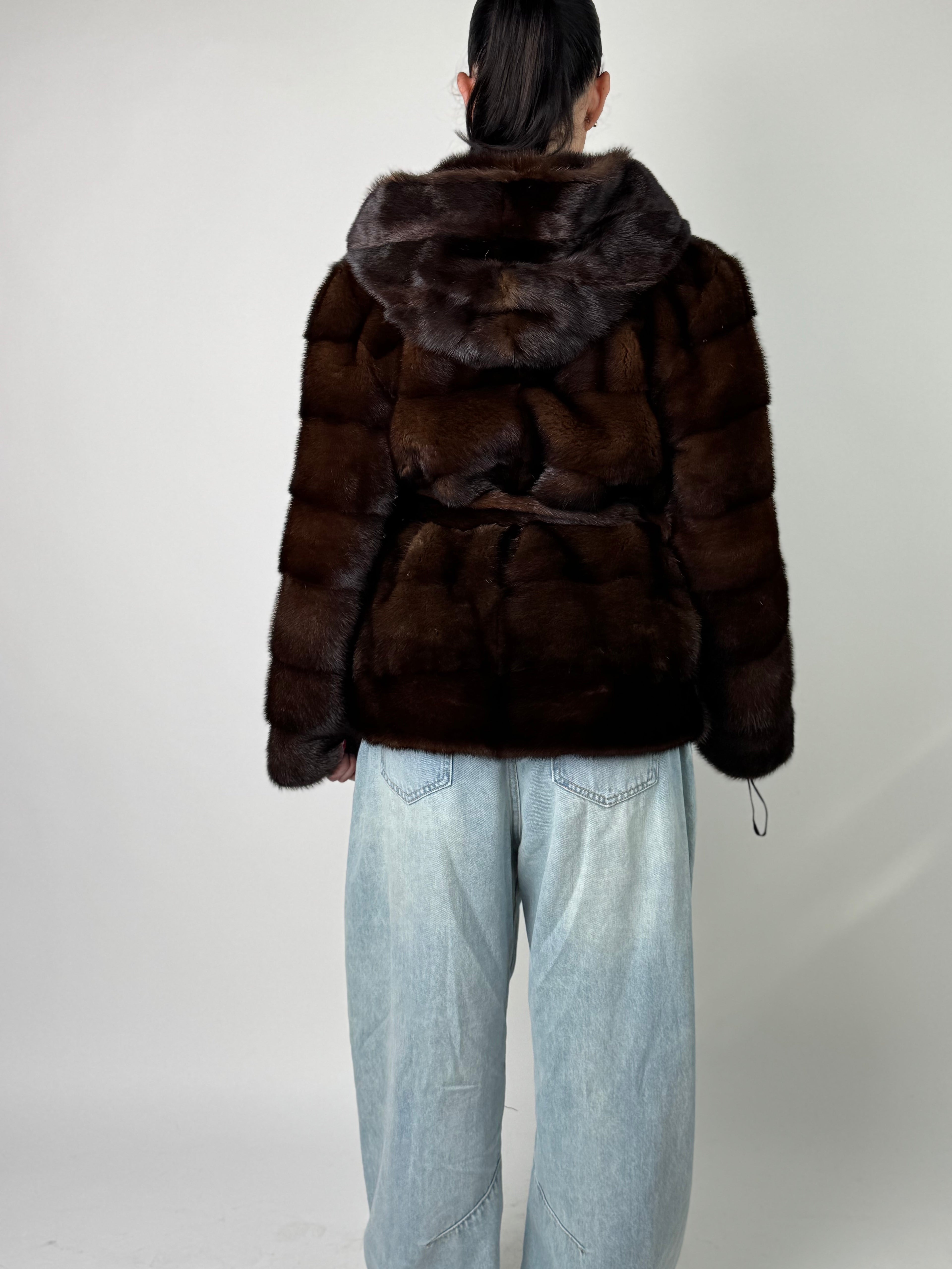 Mink jacket with belt and hood