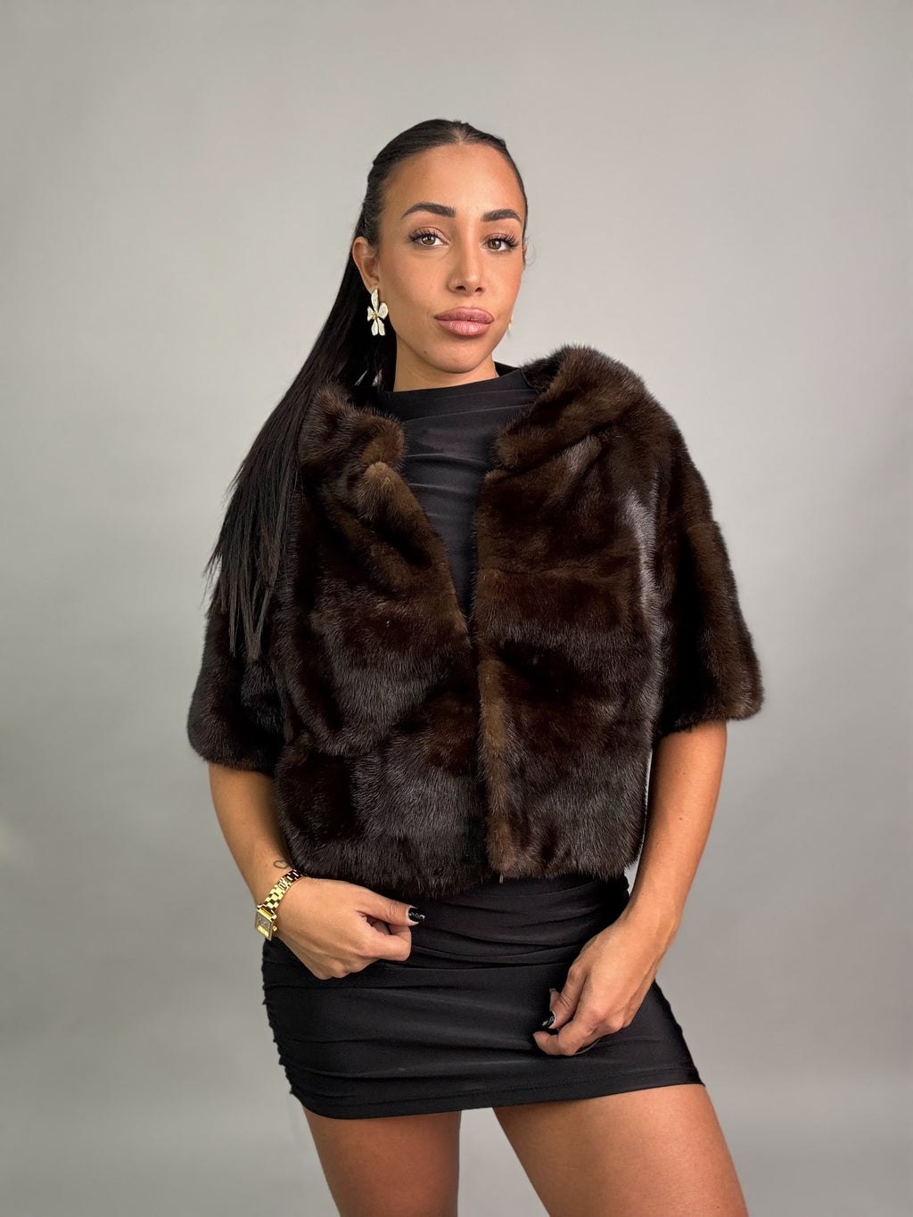 Mink vest with belt and hood