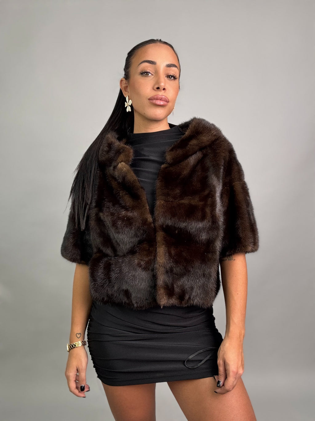 Mink vest with belt and hood