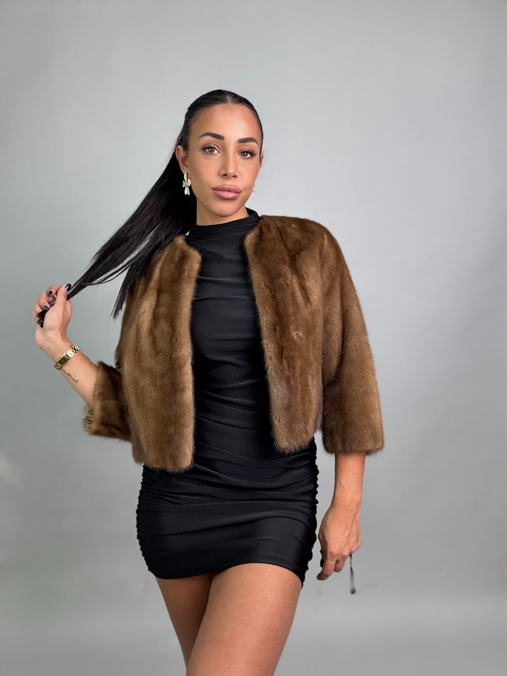 Mink vest with belt and hood