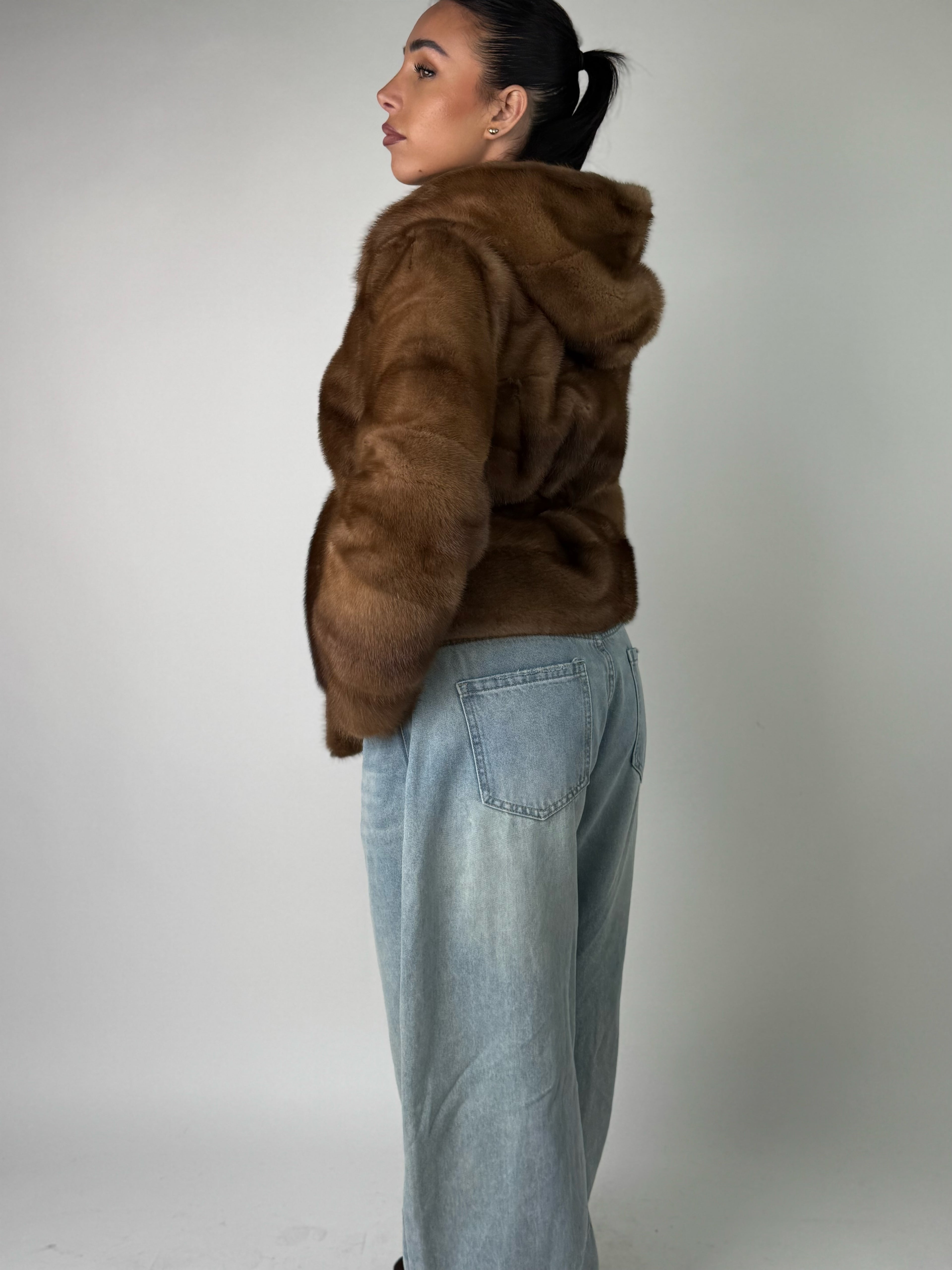 Mink jacket with belt and hood