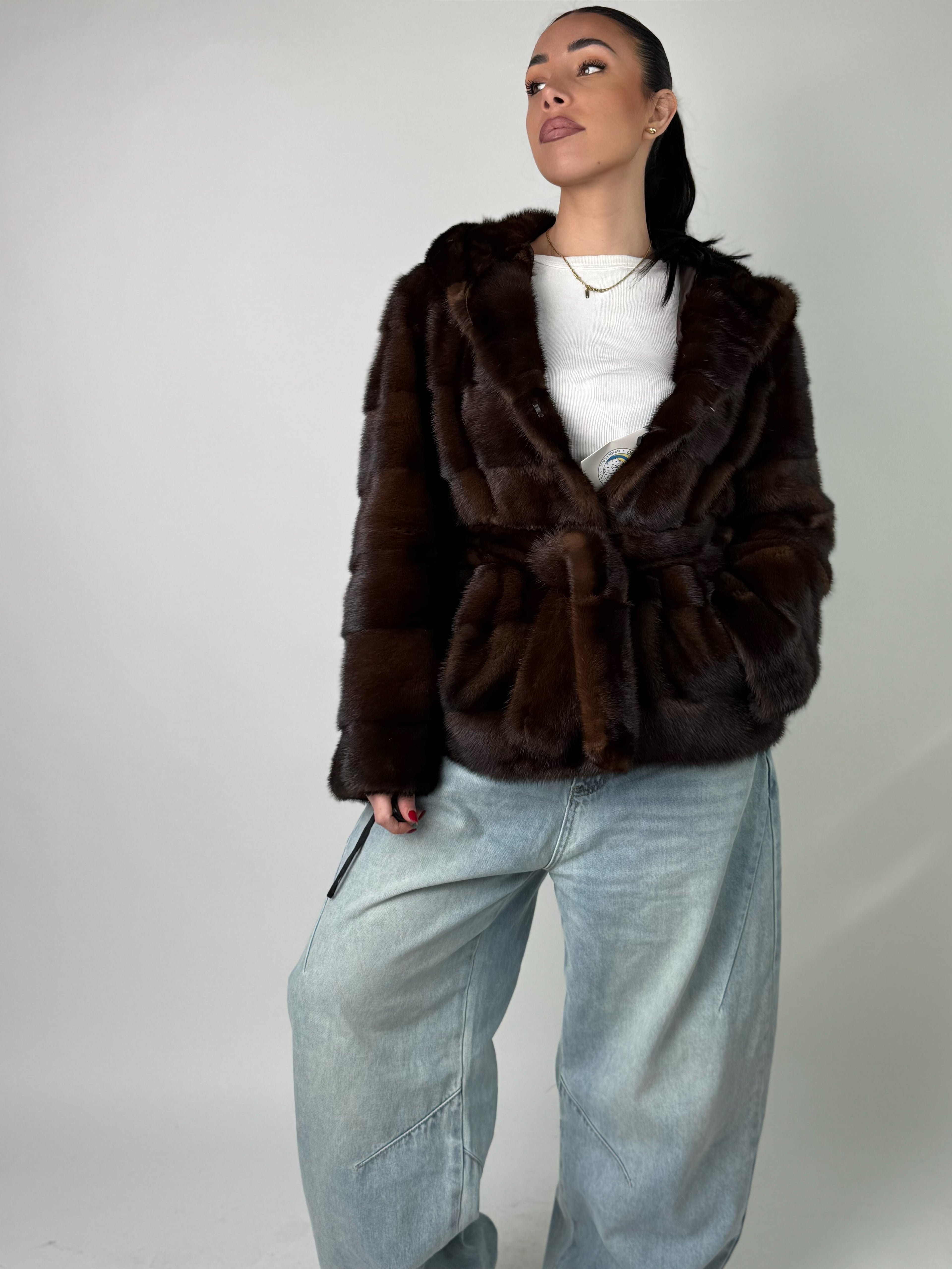 Mink jacket with belt and hood