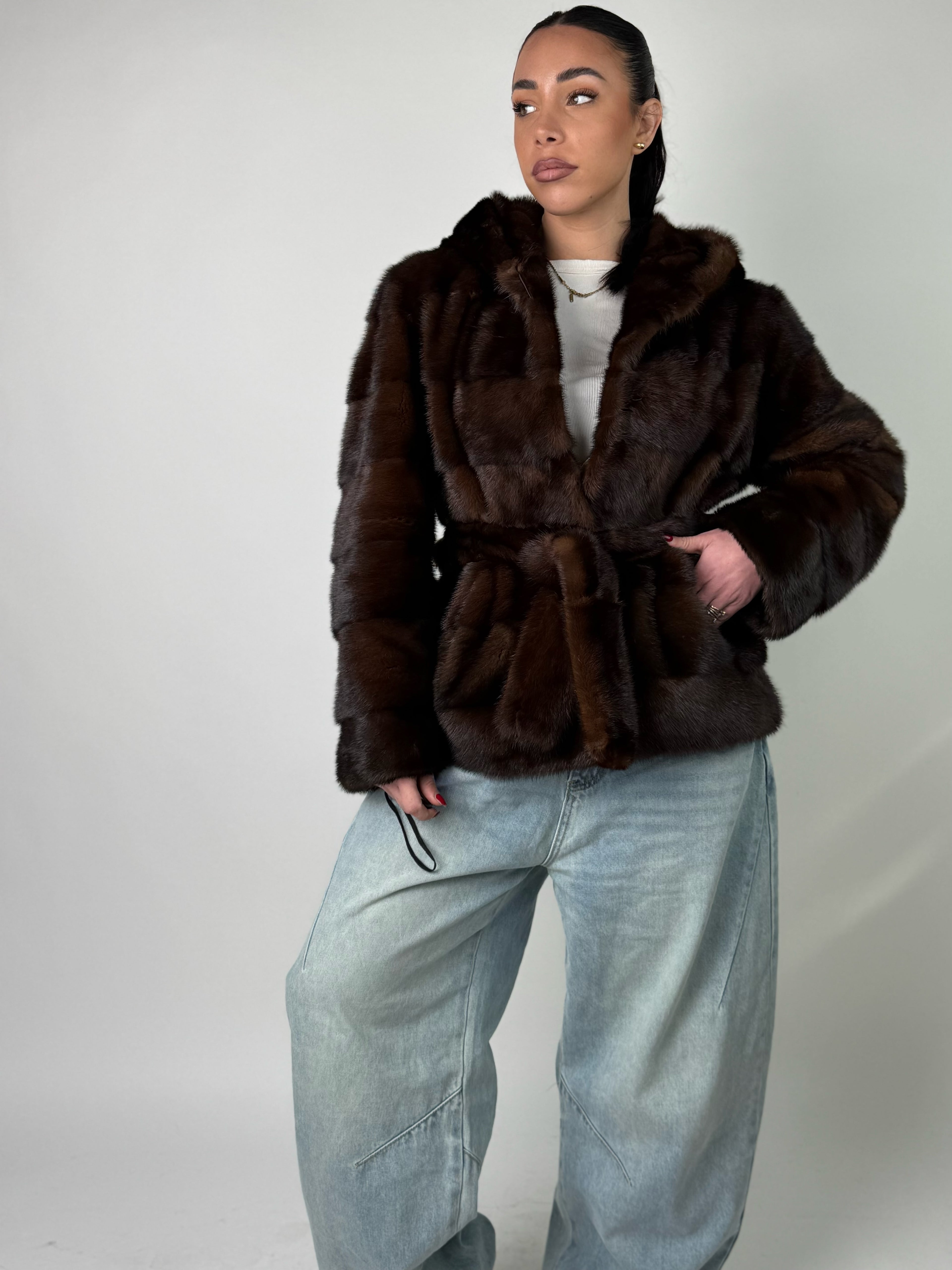 Mink jacket with belt and hood