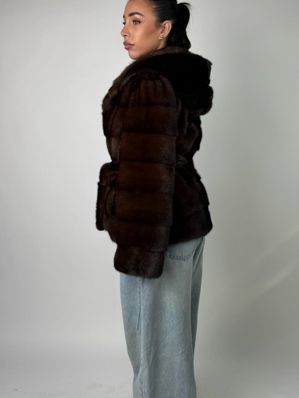 Mink jacket with belt and hood
