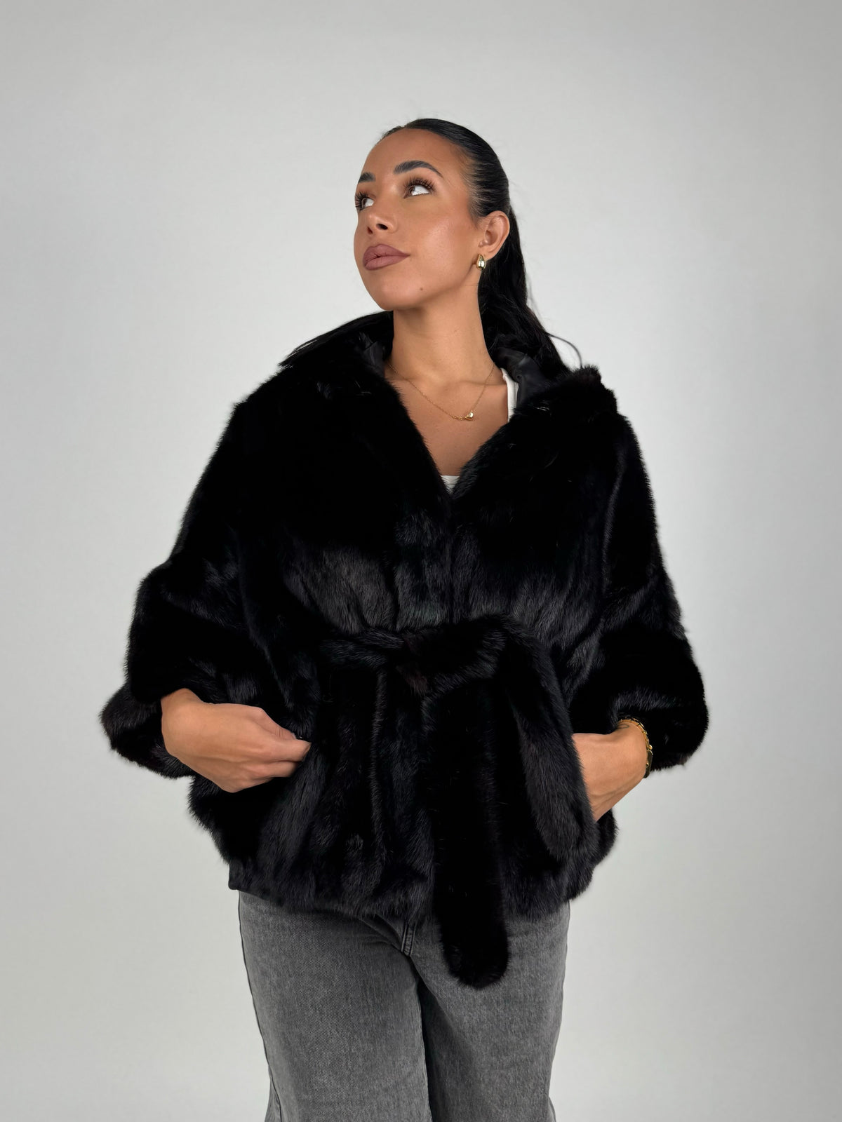 Mink jacket with belt and hood