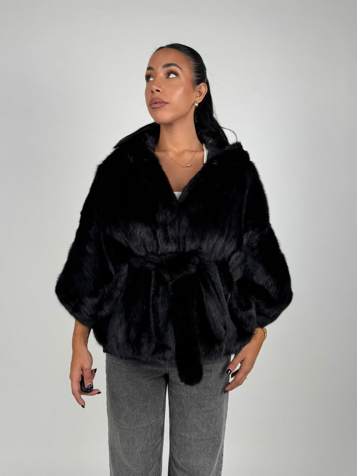 Mink jacket with belt and hood