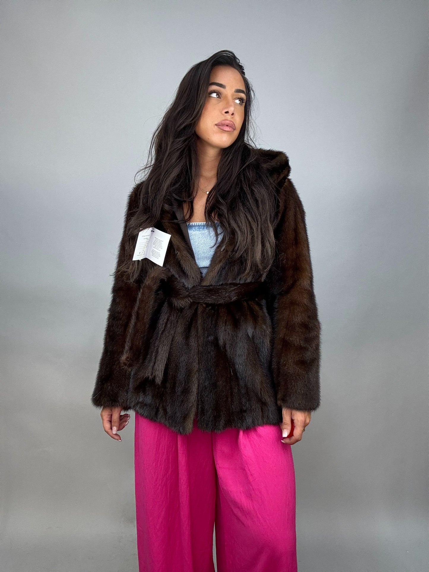 Mink jacket with belt and hood