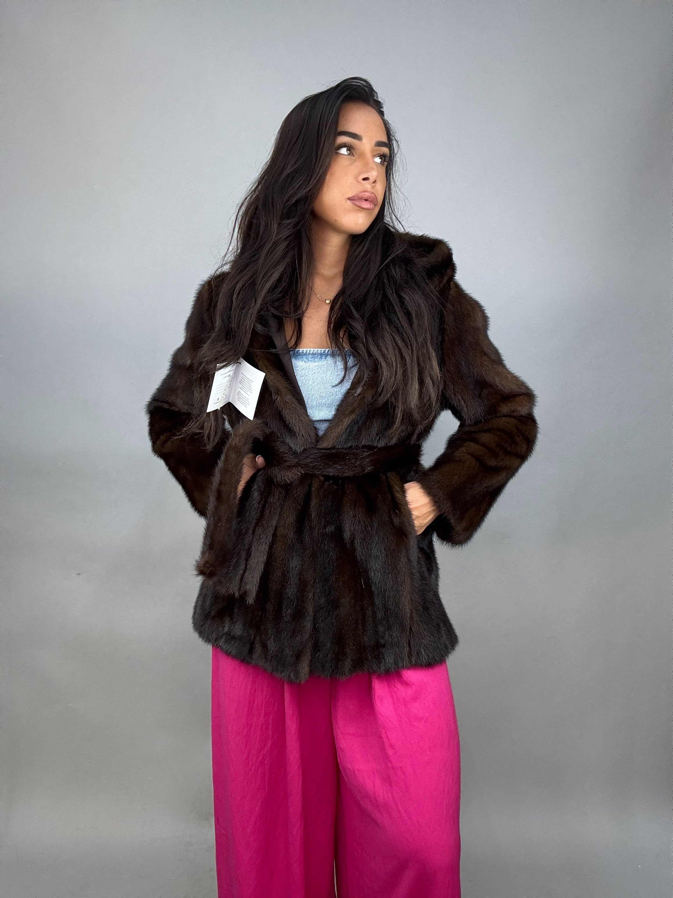 Giacca in visone cintura e cappuccio