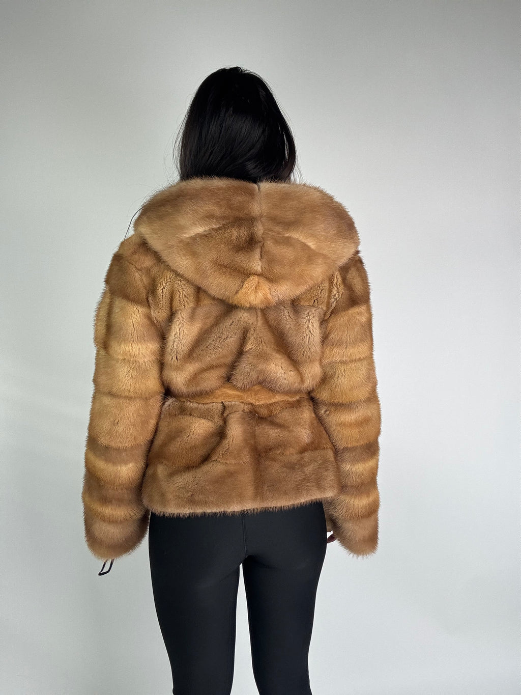 Mink jacket with belt and hood