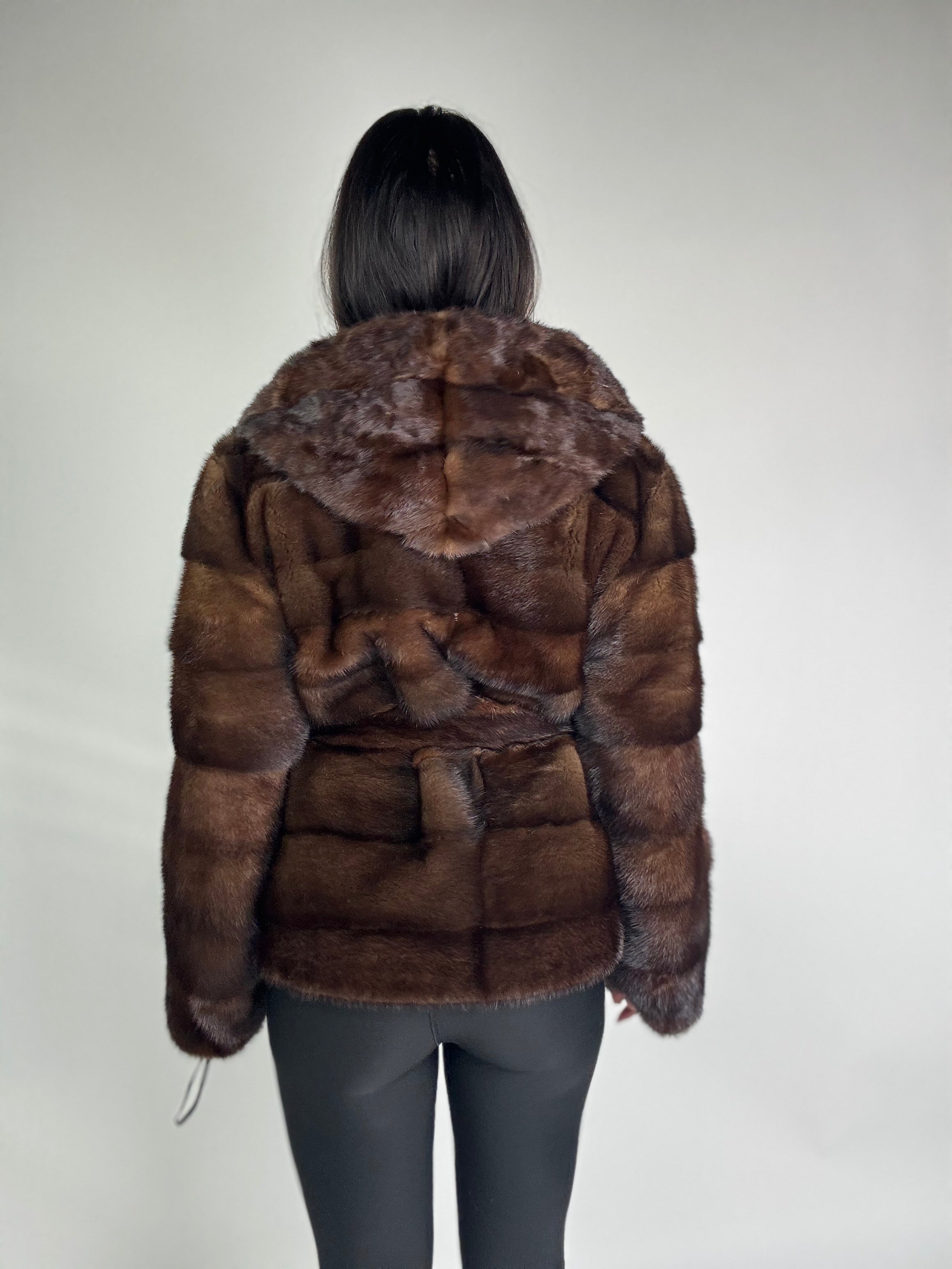 Mink jacket with belt and hood