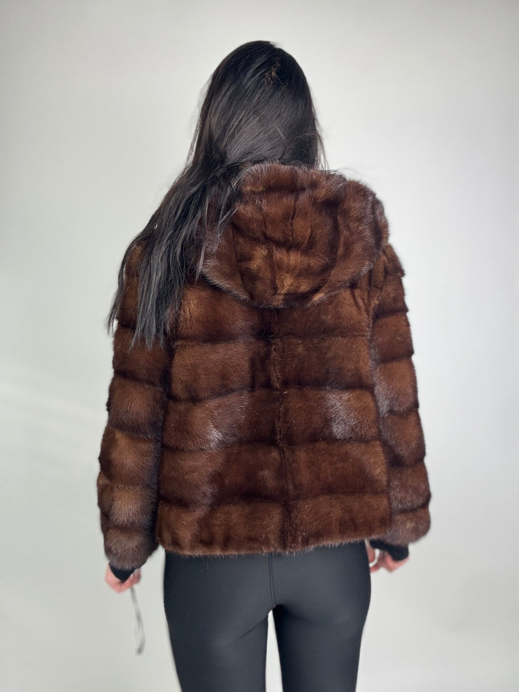 Mink jacket with belt and hood