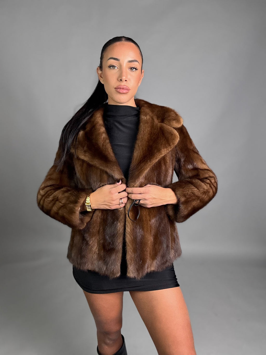 Mink vest with belt and hood