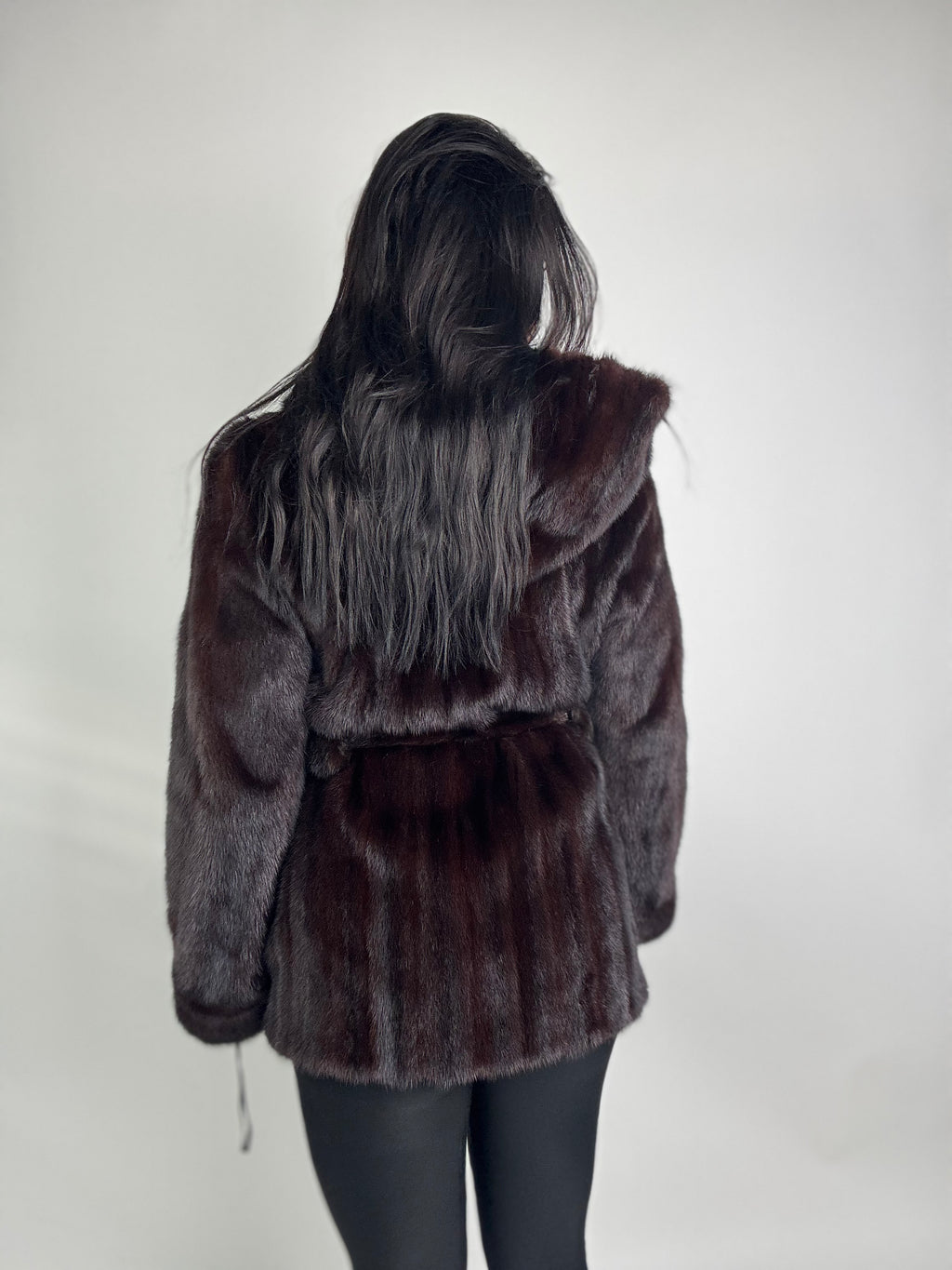 Mink jacket with belt and hood