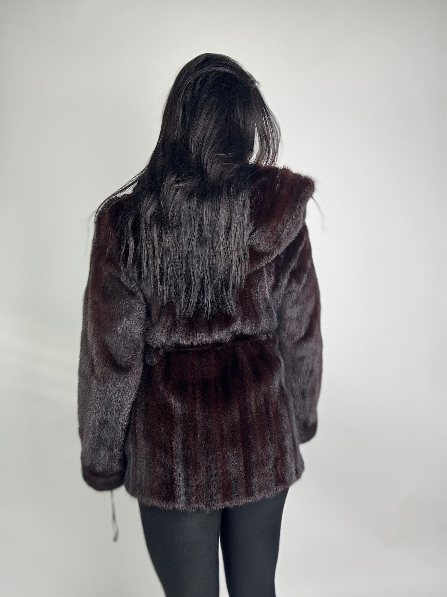 Mink jacket with belt and hood