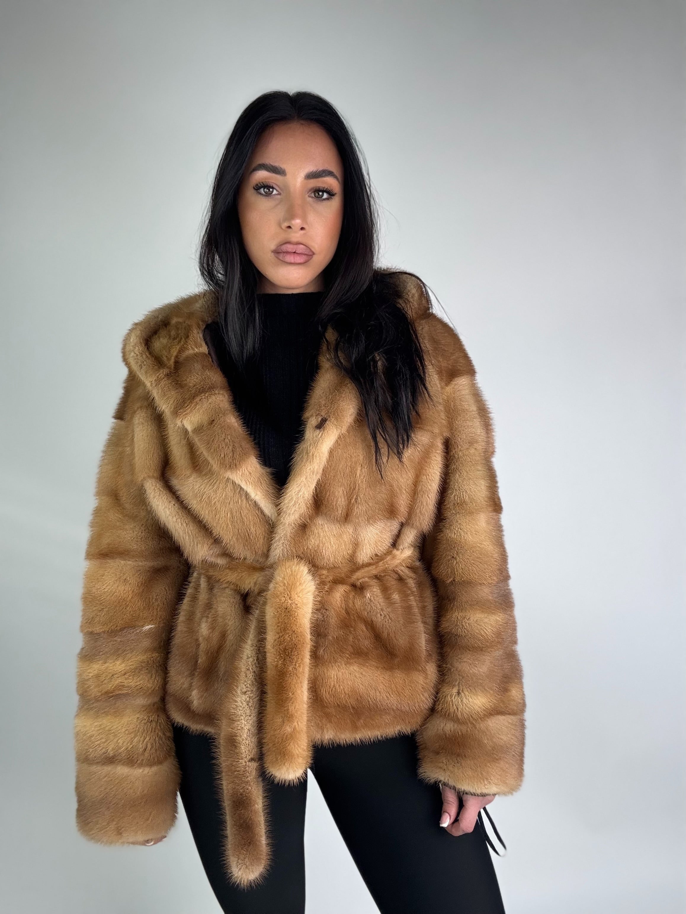 Mink jacket with belt and hood
