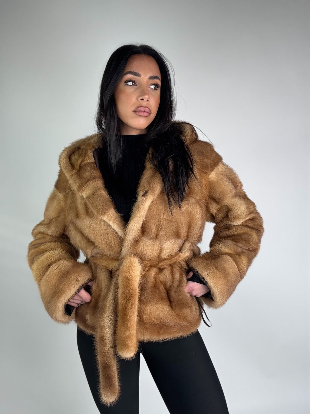 Mink jacket with belt and hood
