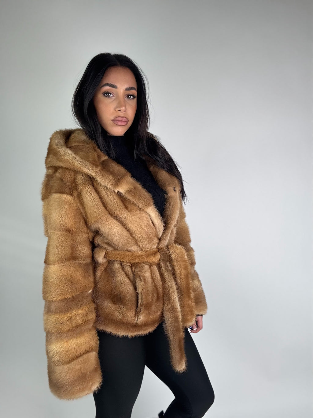 Mink jacket with belt and hood