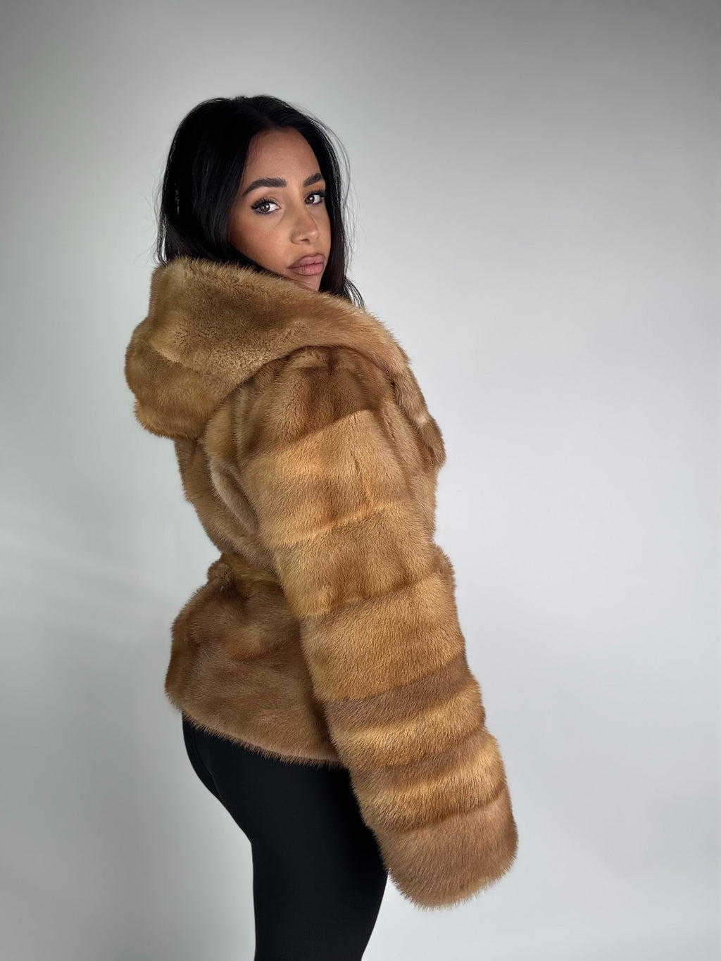 Mink jacket with belt and hood