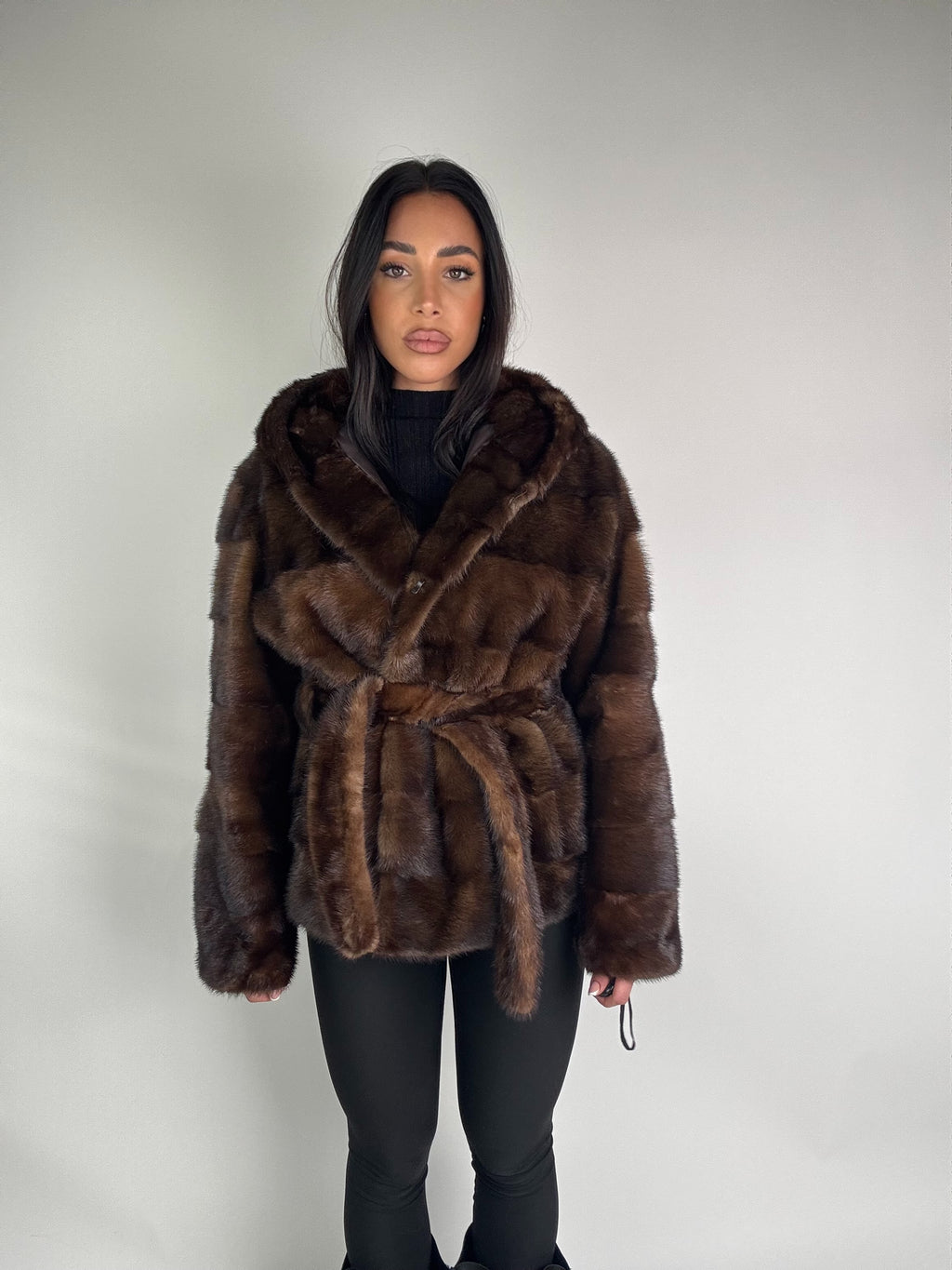 Mink jacket with belt and hood